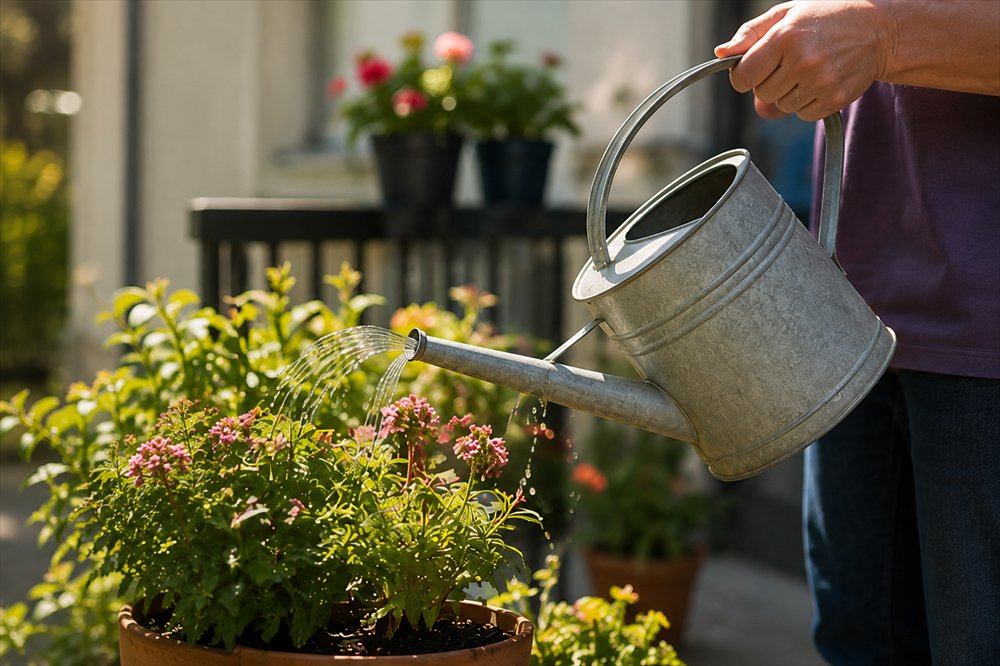 Blumen auf dem Balkon werden mit einer Gie&szlig;kanne gegossen