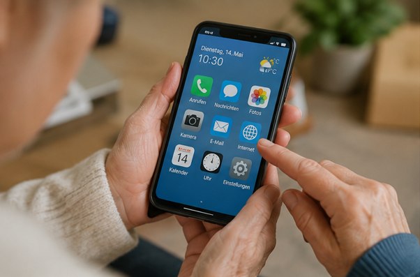 &Auml;ltere H&auml;nde halten ein Smartphone mit grossen, gut lesbaren Symbolen