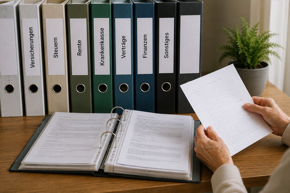Beschriftete Ordner f&uuml;r Versicherungen, Steuern und Rente, davor ein aufgeschlagener Ordner und ein Dokument in der Hand